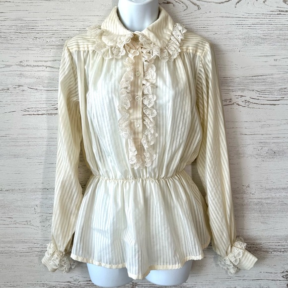 VINTAGE 70s JESSICA’S GUNNIES San Francisco Ruffle Lace Balloon Sleeve Blouse - Picture 1 of 13